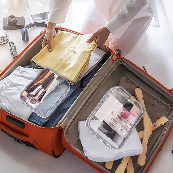 3Pcs Crystal Clear PVC Travel Toiletry Bag Kit for Women Men, Waterproof Vinyl Packing Organizer Storage Bags with Zipper Handle Straps, Cosmetic Pouch Carry on Airport Airline Compliant Bag Handbag