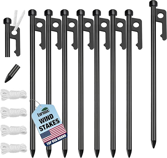 Eurmax USA 10 inch Multiuse Heavy Duty Steel Tent Stakes Tarp Pegs Camping Stakes for Outdoor Camping Canopy and tarp with 4 Ropes 10FT Length