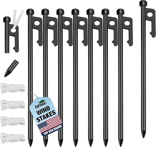 Eurmax USA 10 inch Multiuse Heavy Duty Steel Tent Stakes Tarp Pegs Camping Stakes for Outdoor Camping Canopy and tarp with 4 Ropes 10FT Length
