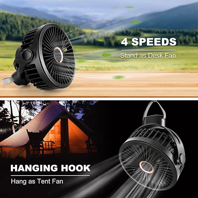 Odoland 2 Packs 10000mAh Camping Rechargeable Fan with Hanging Hook Carabiner, Portable Battery Operated Tent Fan, Quiet Strong Airflow, Outdoor USB Desk Fan for Picnic Travel Barbecue Fishing