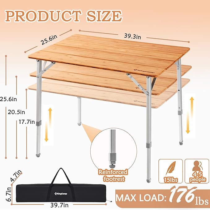 KingCamp Bamboo Camping Table Folding Table with Adjustable Height Aluminum Legs Heavy Duty 176lbs 4-Fold Portable Foldable Camp Tables for Travel, Picnic, 4-5 People