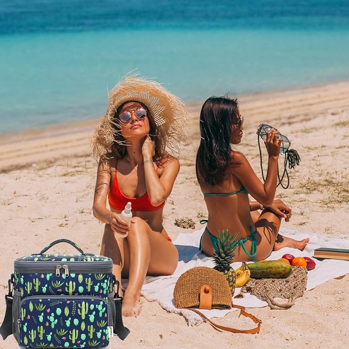 Insulated Reusable Lunch Bag Adult Large Lunch Box for Women and Men with Adjustable Shoulder Strap,Front Zipper Pocket and Dual Large Mesh Side Pockets,Cactus