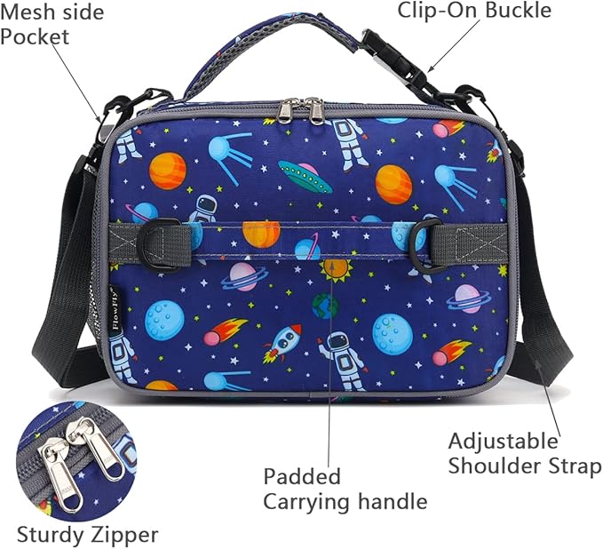 FlowFly Kids Lunch Bag, Durable Insulated School Lunch Box with Shoulder Strap and Bottle Holder, Water-resistant Thermal Small Lunch Cooler Tote for Teen Boys & Girls,Astronaut