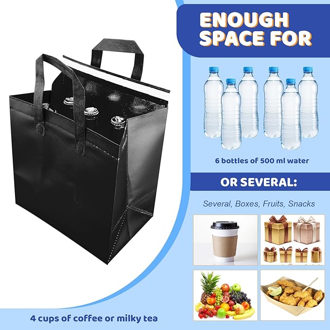 Hushee 200 Pcs Insulated Take out Bags Bulk Thermal Insulation Take Away Bags Disposable 10.24x11.02x6.69 Inch for Grocery Lunch Hot Cold Frozen Food Delivery Shipping Cooler(Black)
