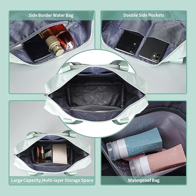 Expandable Travel Duffel Tote Bag - Foldable Overnight Weekender, Carry-On, Swim & Gym Bag - Fits Spirit Airlines Personal Item Size - Lightweight, Waterproof & Durable with Trolley Sleeve,Green