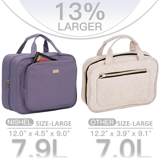NISHEL Travel Toiletry Bag for Women Large Capacity, Makeup Essentials Organizer, Hanging Case for Accessories, Cosmetics, Purple
