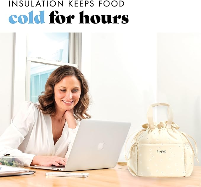 Fit & Fresh Lunch Bag For Women, Insulated Womens Lunch Bag For Work, Stain-Resistant Large Lunch Box For Women With Containers, Cinch Closure Cromwell Bag, Ivory Daisies