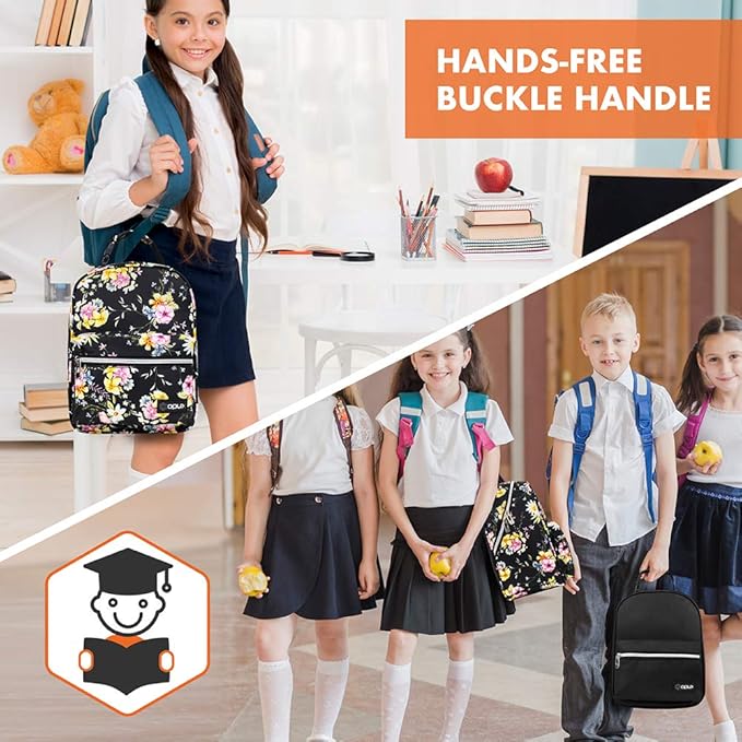 opux Lunch Box for Girls Boys Kids, Insulated Leakproof Lunch Bag, Reusable Teen Lunch Boxes for School, Medium Large lunchbox for Women Men Adult for Work with Front Back Pocket (Floral Black)