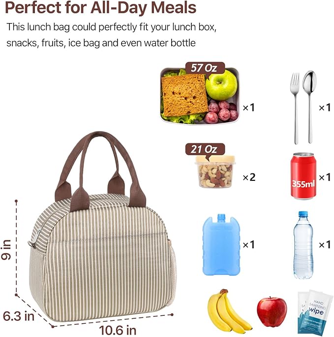 Bagseri Insulated Lunch Bag Women - Reusable Leakproof Thermal Cooler Sack Food Handbags Case High Capacity for Work and Picnic (Khaki White Stripe)