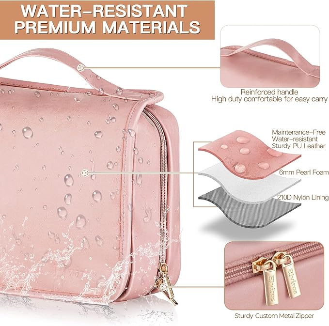 Elviros Hanging Travel Toiletry Bag for Women, 3-in-1 Large Makeup Bag and Cosmetic Organizer, Vegan Leather Waterproof Skincare Case for Travel Size Toiletries and Accessories