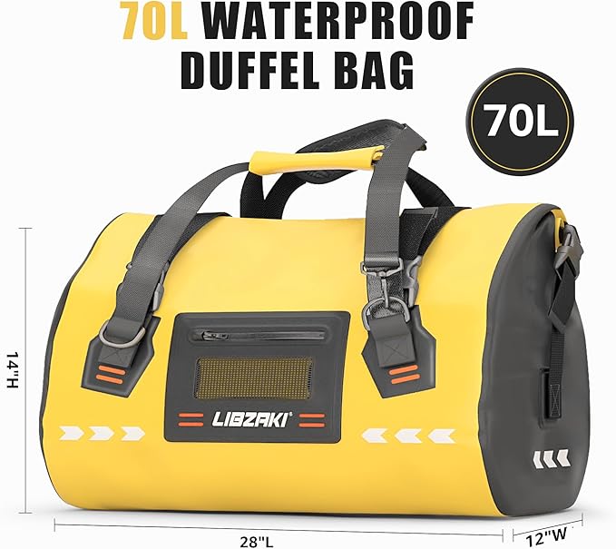 LIBZAKI High-Vis Waterproof Duffel Bag - PVC Rolltop Dry Bag with Locking Straps for Motorcycle Travel, Beach & Emergency Gear 70L Black/Yellow