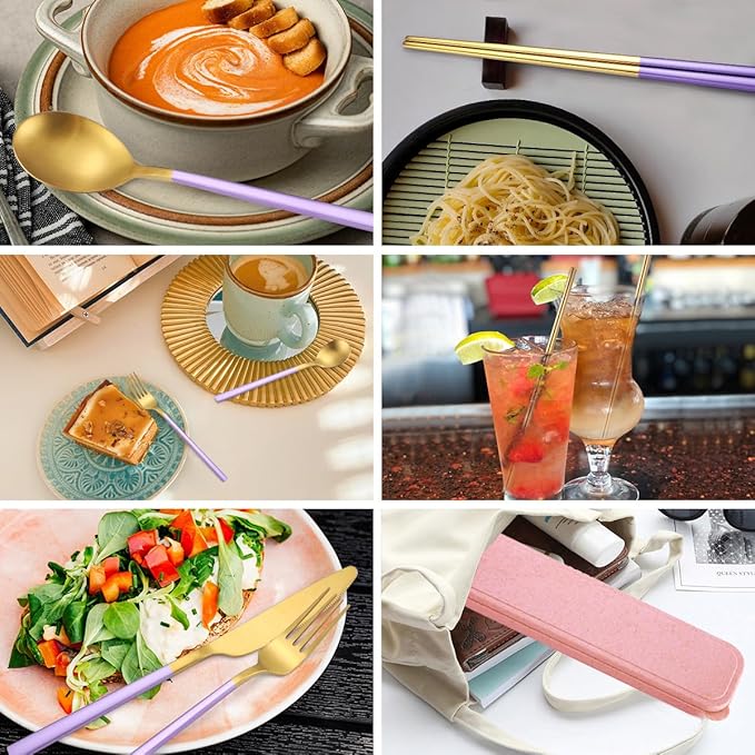 AARainbow 8 Pieces Stainless Steel Flatware Set Portable Reusable Cutlery Set Travel Utensils Set Including Chopsticks Knife Fork Spoon Straws Cleaning Brush Dishwasher Safe (B-Purple Golden)