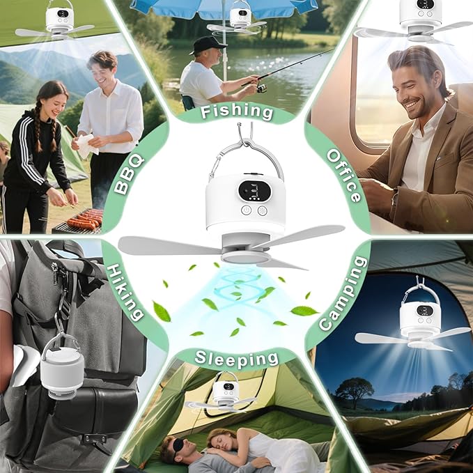 Wireless Portable Ceiling Fan with Remote, 3-Blade Design, 10040mAh Battery Operated, USB Rechargeable Hanging Fan with Hook for Tent, Camping, Outdoor, Emergency Use(White)