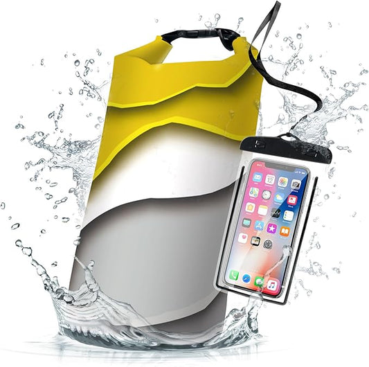 Waterproof Dry Bag,Roll Top Yellow Gray Geometric Modern Small Waterproof Backpack 5L/10L/20L Floating Lightweight Bags for Kayaking, Boating, Fishing, Swimming Camping with Waterproof Phone Case