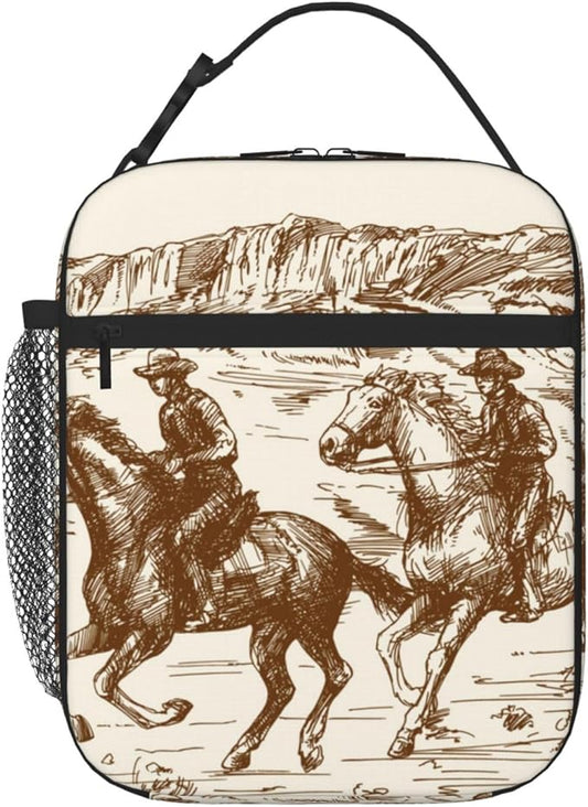 Western Desert Cowboy Vintage Insulated Lunch Bag Reusable Cooler Lunch Box Portable Leakproof Thermal Container Tote Bags for Girls Boys School Travel