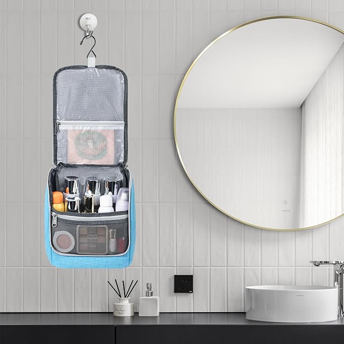 Della Gao Hanging Toiletry Bag for Men & Women, Portable Travel Cosmetic Makeup Bag Toiletries Organizer Kit, Water Resistant Bathroom Bag, Blue