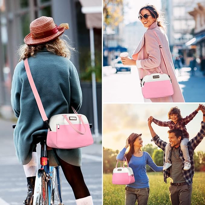 LOKASS Lunch Box for Women-Insulated Adults Lunch Bag with Front Pocket-Small Cute Lunch Tote for Work-Reusable Cooler Bag for Office Picnic Beach or Travel (Pink
