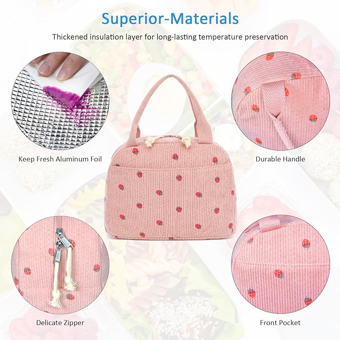 Corduroy Insulated Lunch Bag, Pink with Strawberry Pattern, Thermal Cooler Tote, Portable Large Capacity for Work or Picnic, 8.5L