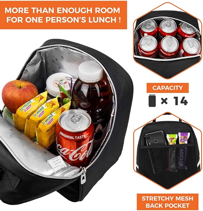 opux Lunch Box for Girls Boys Kids, Insulated Leakproof Lunch Bag, Reusable Teen Lunch Boxes for School, Medium Large lunchbox for Women Men Adult for Work with Front Back Pocket (Black)