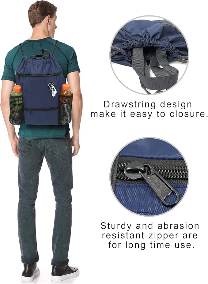 BeeGreen Drawstring Backpack Sports Gym Bag With Shoe Compartment and Two Water Bottle Holder …