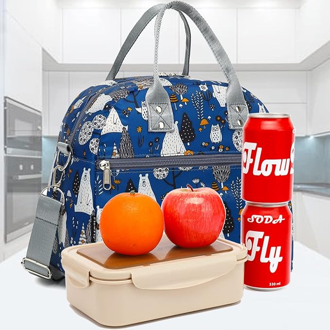 FlowFly Insulated Lunch Bag With Shoulder Strap for Women, Men, and Kids, Large and Reusable, Handle, Freezable Work and School Travel Tote and Meal Prep Organizer,Owl