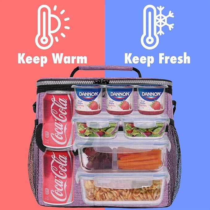 opux Insulated Lunch Bag for Men Women, Leakproof Heather Purple Lunch Box for Work, Portable Soft Lunch Cooler Bag with Shoulder Strap, Adult Lunchbox Lunch Pail for Kid Boy Girl School, 18 Can/10L