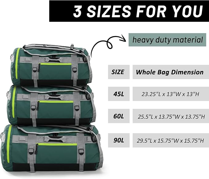 MIER Large Duffel Backpack Sports Gym Bag with Shoe Compartment, Heavy Duty and Water Resistant, Green, 60L