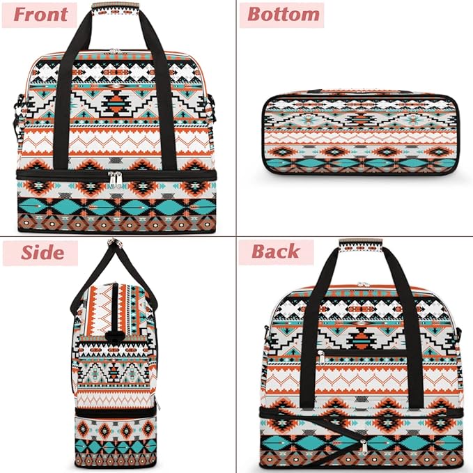 Ethnic Aztec Geometric Foldable Travel Duffel Bag Sports Tote Gym Bag With Shoe Compartment For Woman Man Carry On Luggage Overnight Travel Weekend Yoga Workout Bag Training Handbag