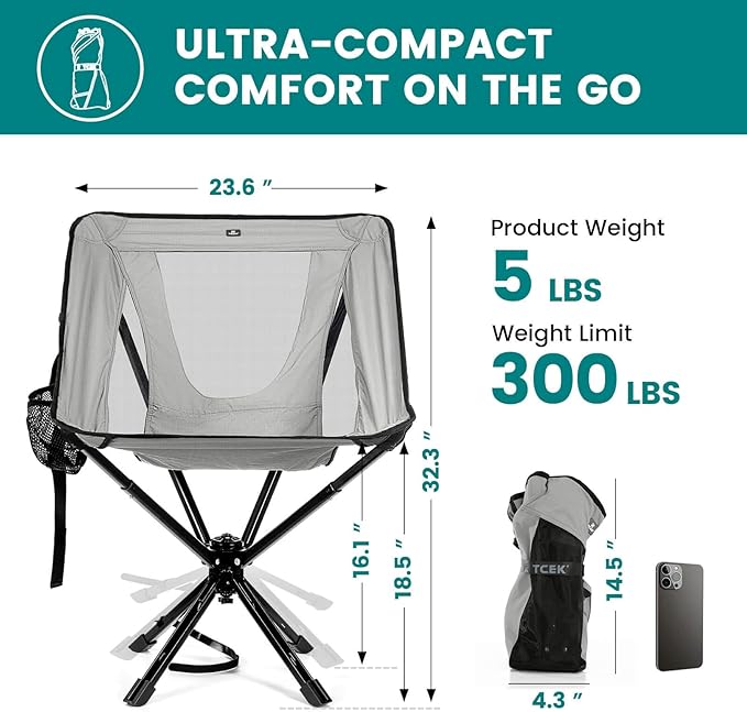 Portable Camping Chair - SwivelCore 180 Swivel & Auto-Return, Small Compact Lightweight Folding Chairs for Adults, Outdoor Backpack Chair for Adventures, Setup in Seconds, Support 300 LBS