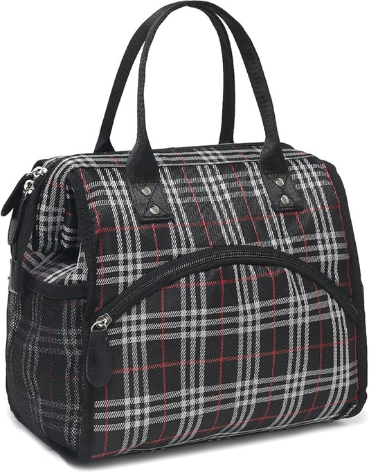 FlowFly Insulated Lunch Bag for Women, Men, Large and Reusable, Handle, Work and Travel Tote and Meal Prep Organizer, Black and white checkerboard