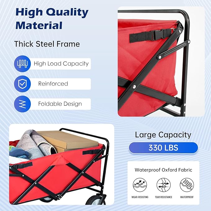 FDW 39''L Collapsible Wagon Cart, Heavy Duty Utility Folding Wagon for Outdoor Sports, 330 LBS Weight Capacity, Camping, Garden, and Shopping, Red