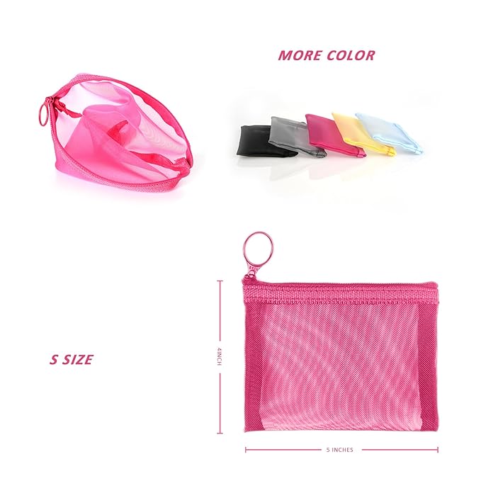 patu Mini Zipper Mesh Bags, 4" x 5", Size S / A7, 5 Pieces, Beauty Makeup Lipstick Cosmetic Accessories Organizer, Small Travel Kit Storage Pouch, Pink