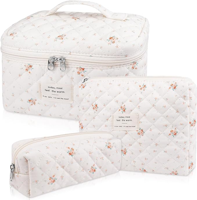Makeup Bag Set, Quilted Makeup Bag, Large Floral Cosmetic Bag for Women, Cute Cotton Makeup Bags, Flower Travel Toiletry Organizer Bag (Rose Plaid Pattern)