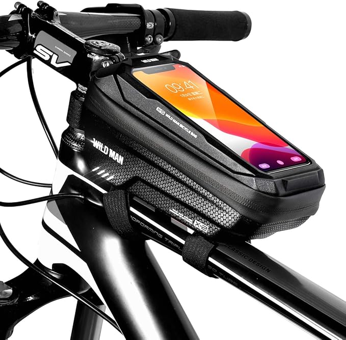 Bike Frame Bag, Waterproof Bicycle Front Top Tube Pouch Pannier Bike Phone Mount Holder Handlebar Bag Cycling Crossbar Storage Bags with Touch Screen for iPhone 12 11 Pro Max Smartphone up to 6.7''