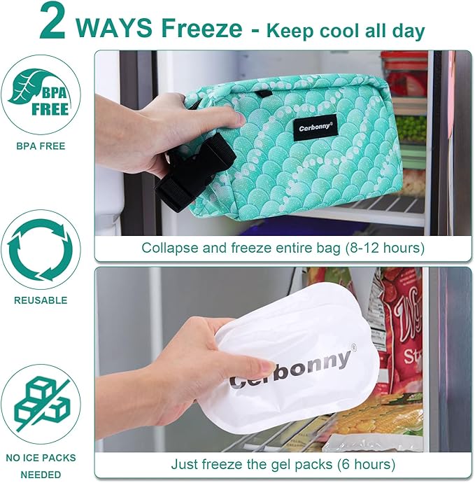 Cerbonny Freezable Kids/Adults Green Fish Theme Lunch Cooler, Suit for 3+, Mini Fit for Yogurt