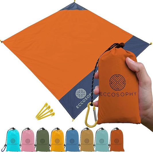 ECCOSOPHY Sand Proof & Waterproof Picnic Blanket - 60x55 Outdoor Compact Pocket Blanket, Lightweight Ground Cover for Hiking, Camping, Festivals, Sports, Travel with Bag & Stakes (Terracotta)