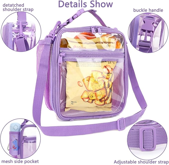 FlowFly Kids Lunch box Insulated Soft Bag Mini Cooler Back to School Thermal Meal Tote Kit for Girls, Boys, PurpleClear