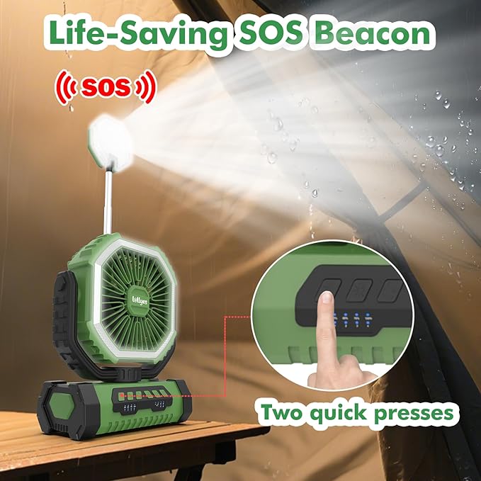 Portable Fan, AI Outdoor Rechargeable Camping Fan with Light, 20000mAh Battery Powered, 360° Rotating Hook, 4 Speeds for Indoor, Traveling, Tenting, RVing, Fishing, Beach (Green)