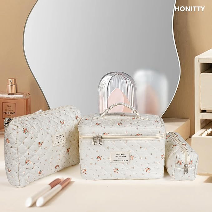 Makeup Bag,Quilted Cosmetic Bags,Large Floral Make Up Organize bag,Makeup Bag Set for Women,Flower Travel Toiletry Bag