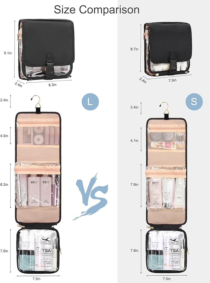 Relavel Travel Toiletry Bag for women with Detachable TSA Approved Toiletry Bag, Compact Hanging toiletry bag with Small Carry On 3-1-1 Clear Waterproof Travel Bags for Toiletries (M Black, A Small)