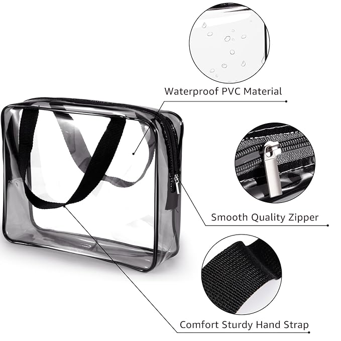3Pcs Crystal Clear PVC Travel Toiletry Bag Kit for Women Men, Waterproof Vinyl Organizer Clear Makeup Bags with Zipper Handle Straps, Cosmetic Bag Pouch Carry on Airport Airline Compliant Bag Handbag