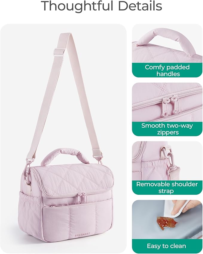 BAGSMART Insulated Lunch Bags for Women, Cute Quilted Lunch Box, Lightweight Puffy Padded Waterproof Lunch Tote, Reusable Lunch Cooler for Work Picnic Travel, Gray