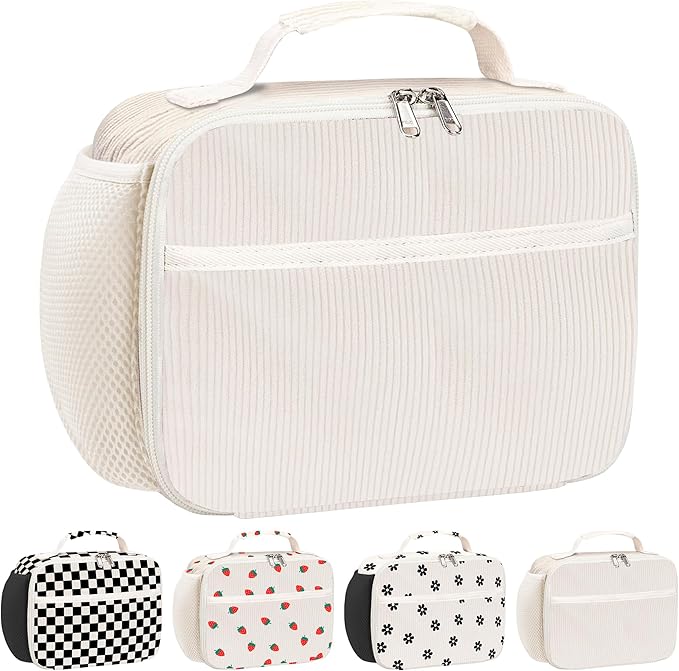 RLGPBON Lunch Bag for Women Cute Corduroy Strawberry Lunch Tote Bags Reusable Lunch Tote Handbags Leakproof Thermal Cooler Lunch Case Large Capacity Lunch Box for Girls School Travel Picnic