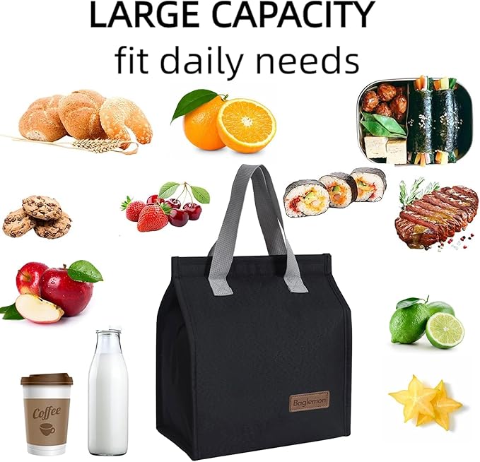 Lunch bag, Insulated Lunch Bag for Women Men, Lunch Containers Reusable Lunch Tote Bags for Work, Travel, Outdoor (Black)