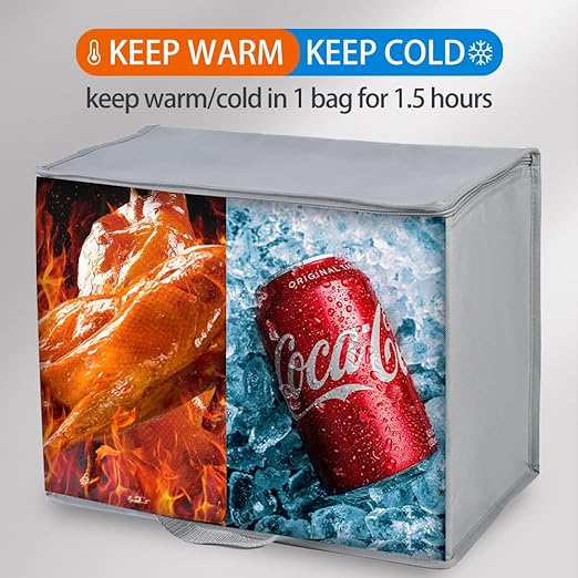 Bodaon 1-Pack Insulated Reusable Grocery Shopping Bags, X-Large Pizza Delivery Cooler Bag for Hot/Cold Food, Grey