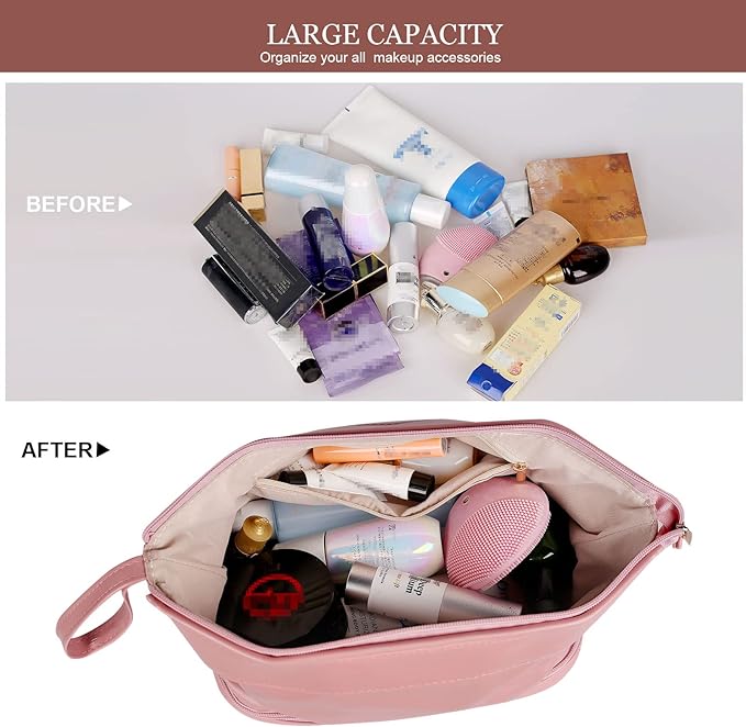 Abiudeng Large Capacity Makeup Bag Ladies Cosmetic Bag Travel Bag with Compartments Portable PU Leather Travel Makeup Bag with Handle