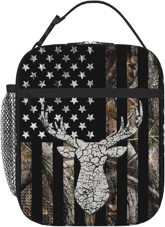 SARA NELL Hunting Camo Deer Insulated Lunch Bag Camouflage American Flag Lunch Cooler Box for Women Men Teens Kids, Reusable Lunch Tote Bag, Insulated Lunch Bags for Work, Picnic, School or Travel