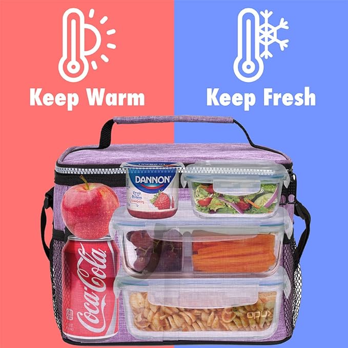 opux Insulated Lunch Bag for Men Women, Leakproof Heather Purple Lunch Box for Work, Portable Soft Lunch Cooler Bag with Shoulder Strap, Adult Lunchbox Lunch Pail for Kid Boy Girl School, 14 Can/8L