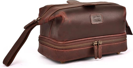 LEATHER VILLAGE Genuine Leather Dopp Kit – Large Travel Toiletry Bag with Waterproof Lining, Dual-Zip Design for Men & Women, Organizer for Shaving, Makeup & Essentials - Cherry