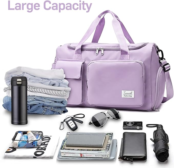 Travel Duffel Bag with Shoes Compartment Sports Gym Bag with Dry Wet Separated Pocket for Men and Women, Overnight Bag Weekender Bag Training Handbag Yoga Bag - Purple
